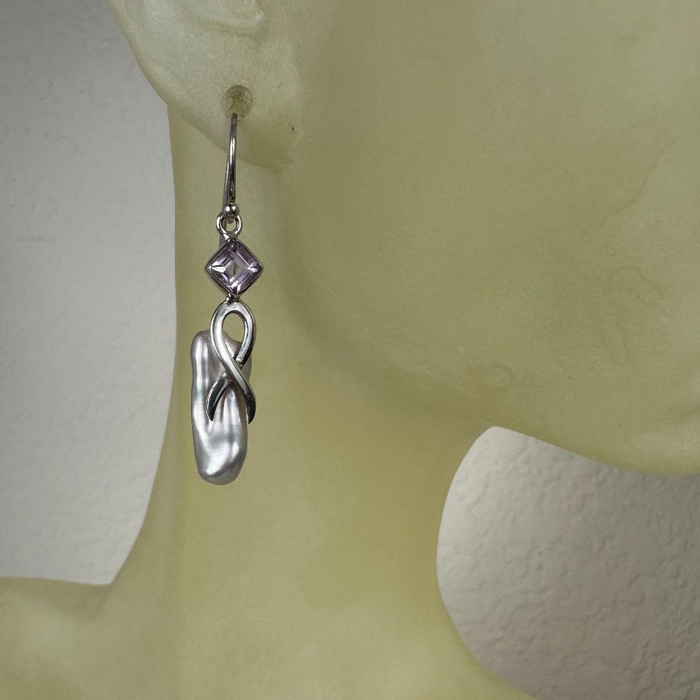 NWOT Real Silver Genuine Pearl & Genuine Amethyst Dangling Earrings
